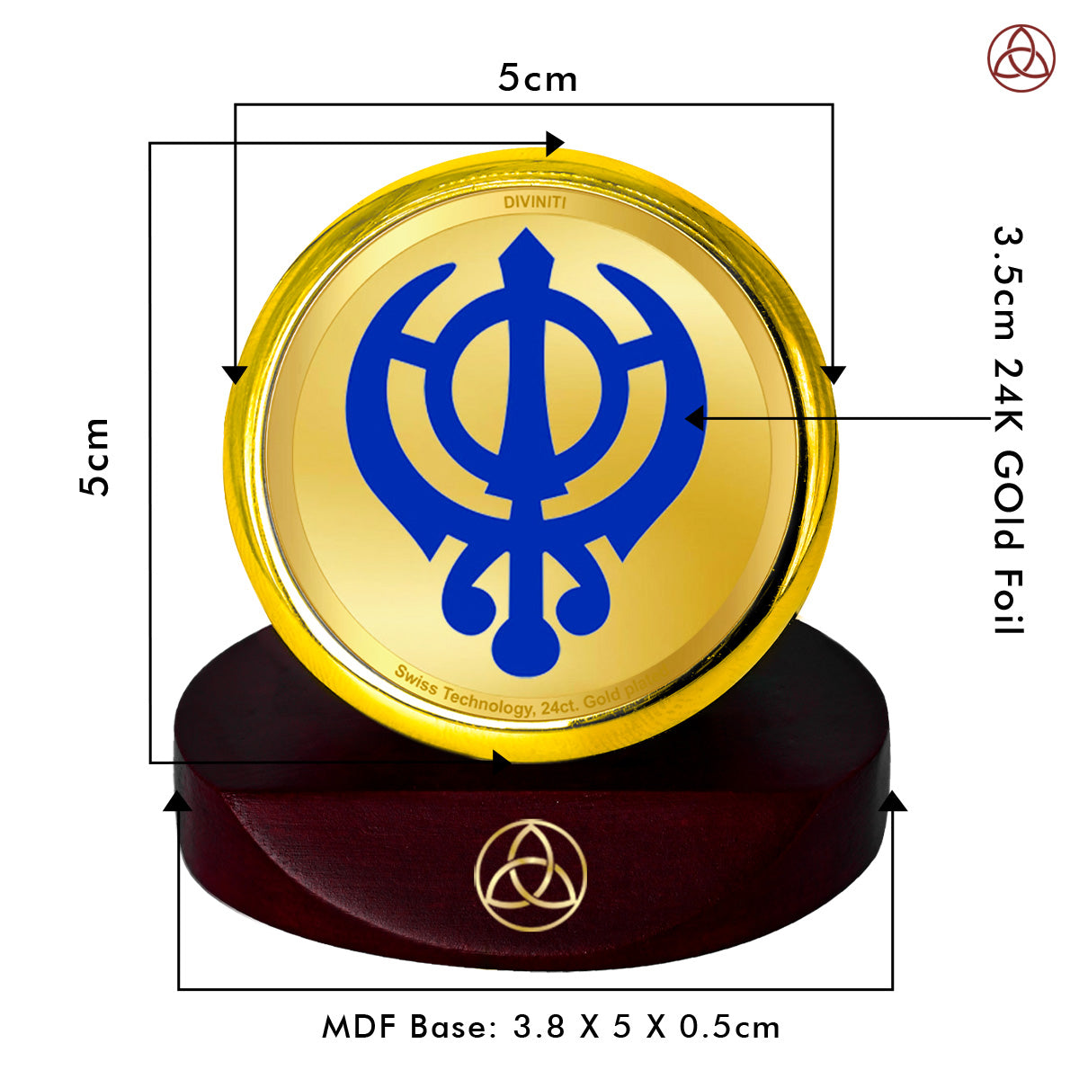Diviniti 24K Gold Plated Khanda Sahib Photo Frame for Car Dashboard, Home Decor, Table Top, Puja Room Worship and Festival Gift MCF1CGOLD (5.5x5 CM)