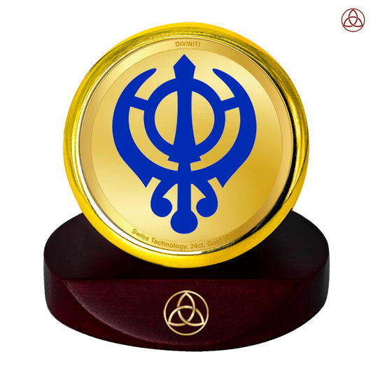 Diviniti 24K Gold Plated Khanda Sahib Photo Frame for Car Dashboard, Home Decor, Table Top, Puja Room Worship and Festival Gift MCF1CGOLD (5.5x5 CM)