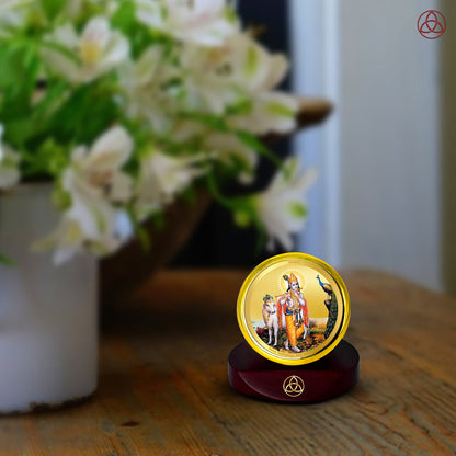Lord Krishna with Surbhi Cow | Divine Car Dashboard Frame in 24K Gold Plated Foil