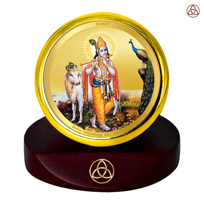 Lord Krishna with Surbhi Cow | Divine Car Dashboard Frame in 24K Gold Plated Foil