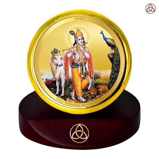 Diviniti 24K Gold Plated Lord Krishna Photo Frame for Car Dashboard, Home Decor, Table Top, Puja Room Worship and Festival Gift MCF1CGOLD (5.5x5 CM)