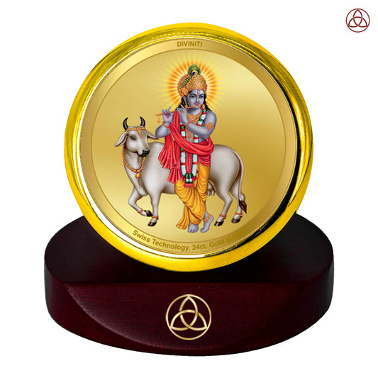 Krishna with Surbhi Cow | Divine Lord Krishna & Surbhi Cow Car Dashboard & Tabletop Photo Frame in 24K Gold Plated Foil
