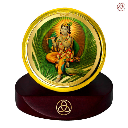 Diviniti 24K Gold Plated Lord Krishna Photo Frame for Car Dashboard, Home Decor, Table Top, Puja Room Worship and Festival Gift MCF1CGOLD (5.5x5 CM)