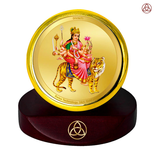 Diviniti 24K Gold Plated Kushmanda Mata Photo Frame for Car Dashboard, Home Decor, Table Top, Puja Room Worship and Festival Gift MCF1CGOLD (5.5x5 CM)