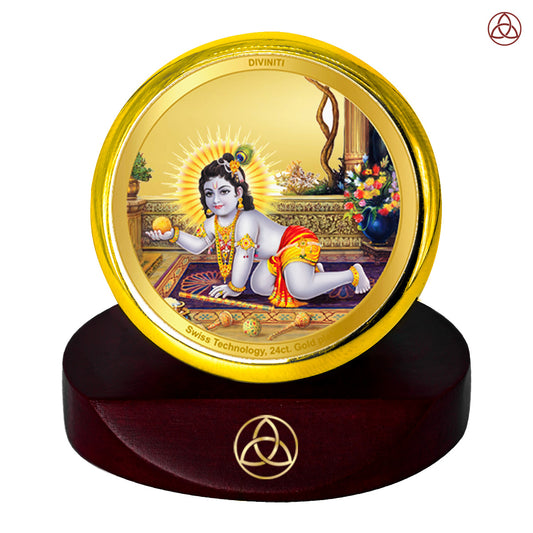 Diviniti 24K Gold Plated Laddu Gopal Photo Frame for Car Dashboard, Home Decor, Table Top, Puja Room Worship and Festival Gift MCF1CGOLD (5.5x5 CM)