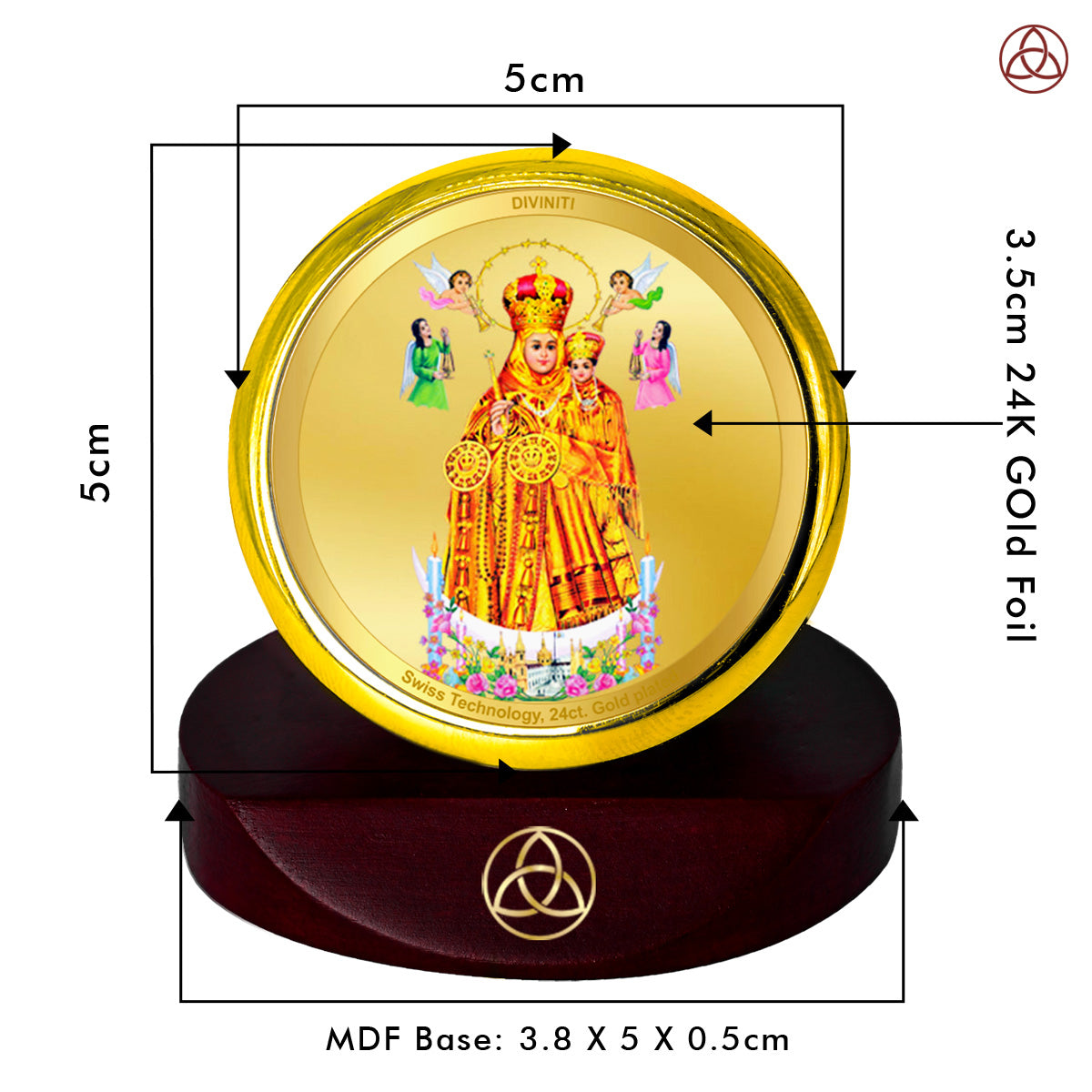Diviniti 24K Gold Plated Lady of Health Photo Frame for Car Dashboard, Home Decor, Table Top, Puja Room Worship and Festival Gift MCF1CGOLD (5.5x5 CM)