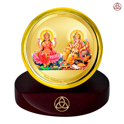 Diviniti 24K Gold Plated Foil Lakshmi Ganesha Photo Frame for Car Dashboard, Home Decor, Table Top, Puja Room Worship and Festival Gift MCF1CGOLD (5.5x5 CM)