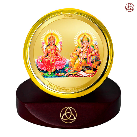 Diviniti 24K Gold Plated Foil Lakshmi Ganesha Photo Frame for Car Dashboard, Home Decor, Table Top, Puja Room Worship and Festival Gift MCF1CGOLD (5.5x5 CM)