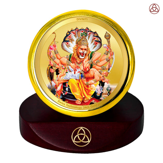 Diviniti 24K Gold Plated Narsimha Photo Frame for Car Dashboard, Home Decor, Table Top, Puja Room Worship and Festival Gift MCF1CGOLD (5.5x5 CM)