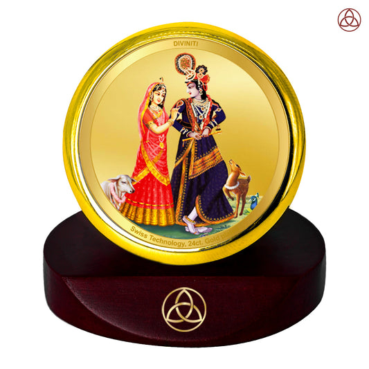 Diviniti 24K Gold Plated Radha Krishna Photo Frame for Car Dashboard, Home Decor, Table Top, Puja Room Worship and Festival Gift MCF1CGOLD (5.5x5 CM)
