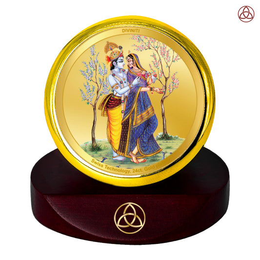 Diviniti 24K Gold Plated Radha Krishna Photo Frame for Car Dashboard, Home Decor, Table Top, Puja Room Worship and Festival Gift MCF1CGOLD (5.5x5 CM)