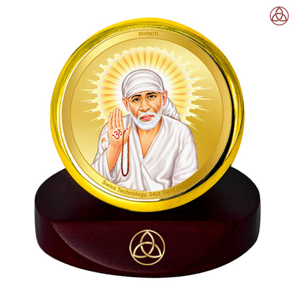 Diviniti 24K Gold Plated Foil Sai Baba Photo Frame for Car Dashboard, Home Decor, Table Top, Puja Room Worship and Festival Gift MCF1CGOLD (5.5x5 CM)