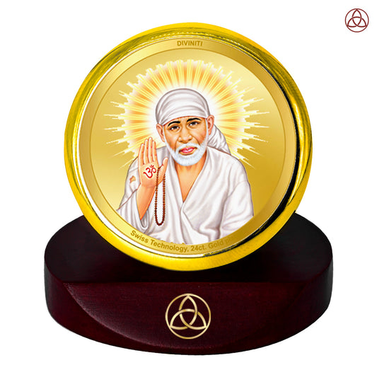 Diviniti 24K Gold Plated Foil Sai Baba Photo Frame for Car Dashboard, Home Decor, Table Top, Puja Room Worship and Festival Gift MCF1CGOLD (5.5x5 CM)