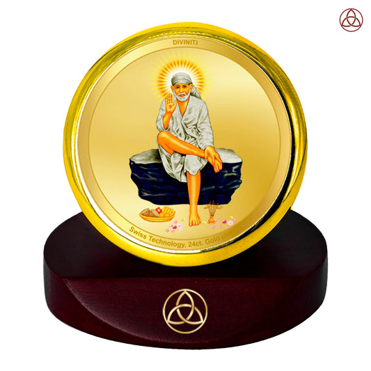 Diviniti 24K Gold Plated Foil Sai Baba Photo Frame for Car Dashboard, Home Decor, Table Top, Puja Room Worship and Festival Gift MCF1CGOLD (5.5x5 CM)