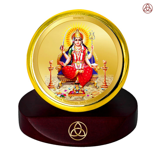 Diviniti 24K Gold Plated Santoshi Mata Photo Frame for Car Dashboard, Home Decor, Table Top, Puja Room Worship and Festival Gift MCF1CGOLD (5.5x5 CM)