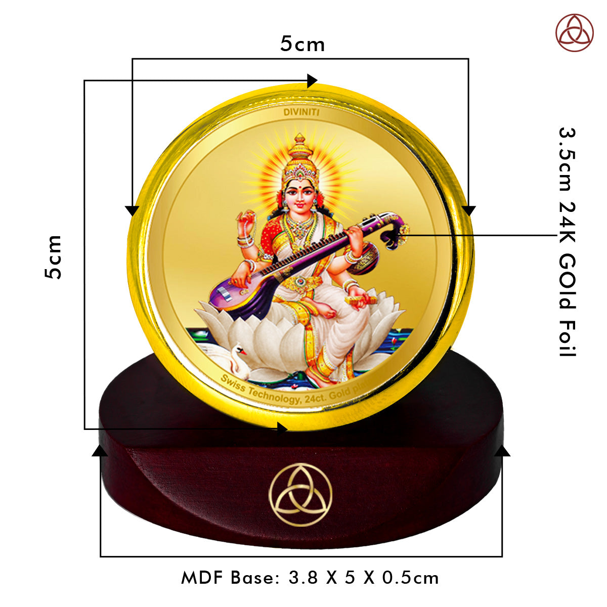 Diviniti 24K Gold Plated Saraswati Mata Photo Frame for Car Dashboard, Home Decor, Table Top, Puja Room Worship and Festival Gift MCF1CGOLD (5.5x5 CM)