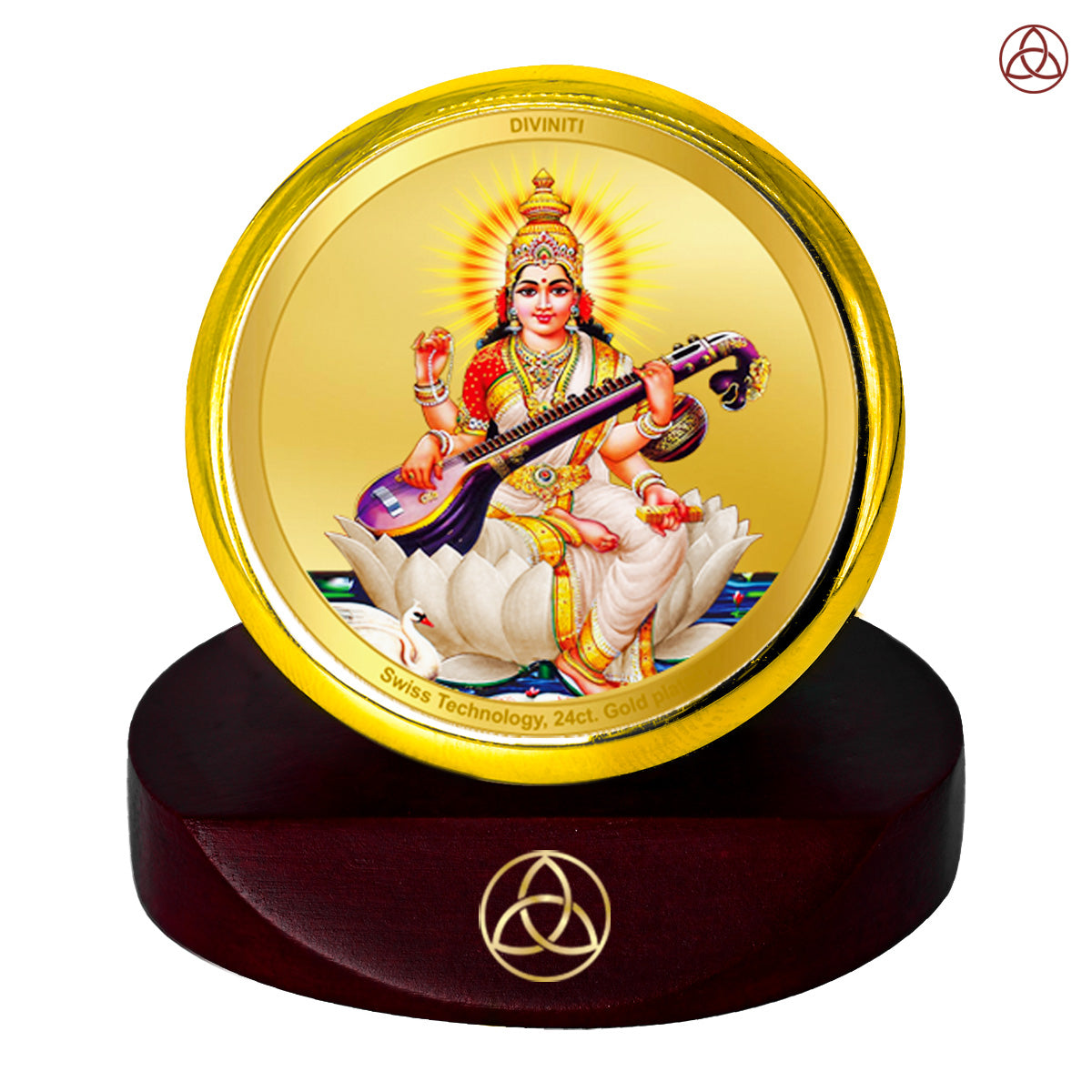 Diviniti 24K Gold Plated Saraswati Mata Photo Frame for Car Dashboard, Home Decor, Table Top, Puja Room Worship and Festival Gift MCF1CGOLD (5.5x5 CM)