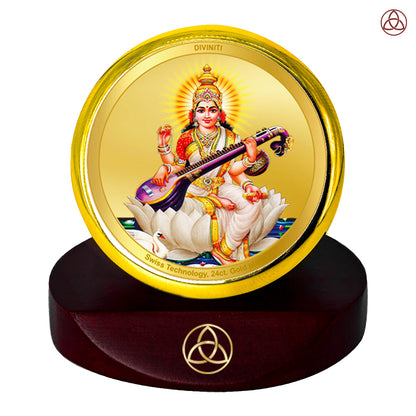 Diviniti 24K Gold Plated Saraswati Mata Photo Frame for Car Dashboard, Home Decor, Table Top, Puja Room Worship and Festival Gift MCF1CGOLD (5.5x5 CM)