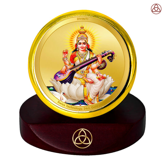 Diviniti 24K Gold Plated Saraswati Mata Photo Frame for Car Dashboard, Home Decor, Table Top, Puja Room Worship and Festival Gift MCF1CGOLD (5.5x5 CM)