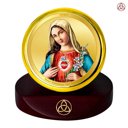 Diviniti 24K Gold Plated Foil Mother Mary Photo Frame for Car Dashboard, Home Decor, Table Top, Puja Room Worship and Festival Gift MCF1CGOLD (5.5x5 CM)