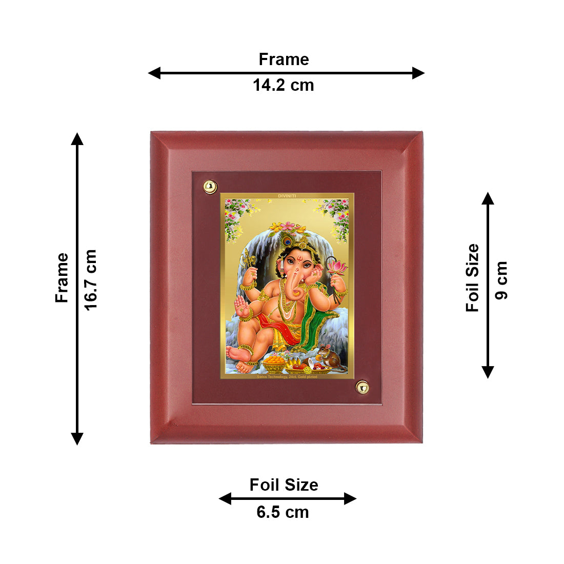 DIVINITI 24K Gold Plated Foil Lord Bal Ganesha Photo Frame Idol for Home Decor, Table Top, Wall Hanging, Puja Room, Gift|MDF Size 1 (16.7x14.2 CM)