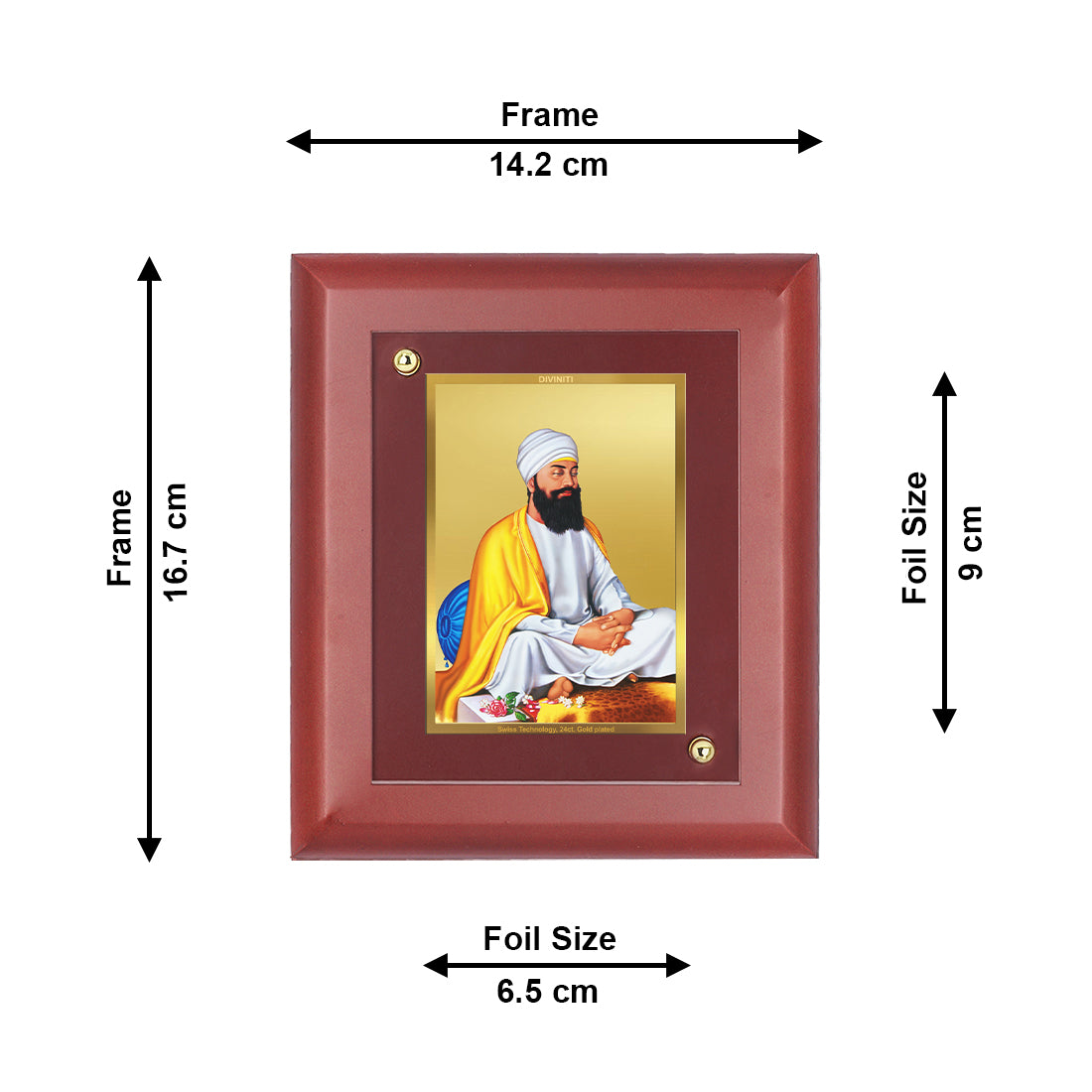 DIVINITI 24K Gold Plated Foil Guru Tegh Bahadar Sahib Ji Wall Photo Frame Idol for Home Decor, Wall Decor, Table Top , Gift|MDF Size 1 (16.7x14.2 CM)