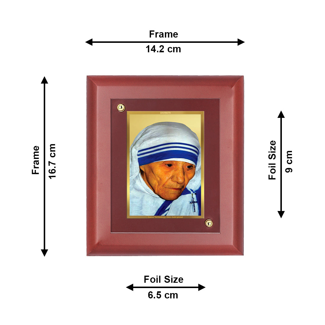 DIVINITI 24K Gold Plated Foil Mother Terresa Elegant Photo Frame Idol for Prayer Home Decor, Wall Hanging, Table Top, Gift|MDF Size 1 (16.7x14.2 CM)