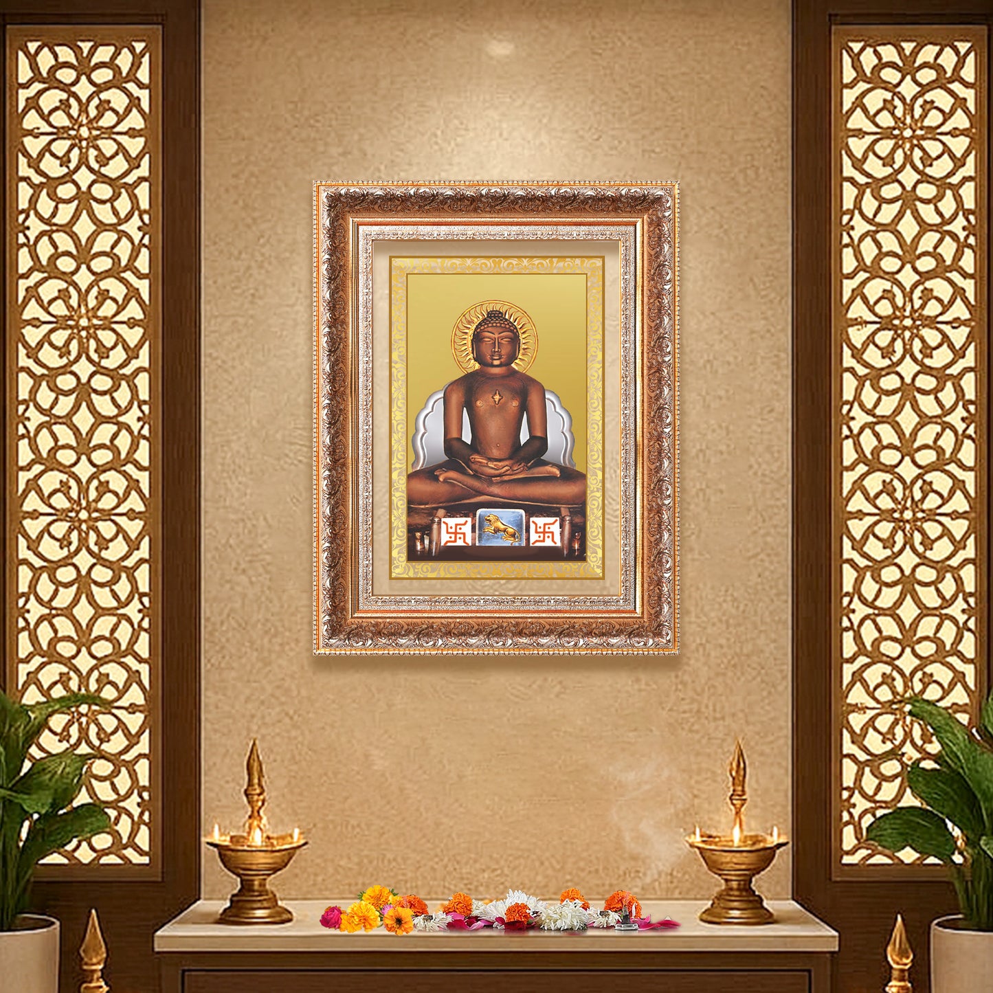 Lord Mahavira | Jain Tirthankara Wall Mount Photo Frame in 24K Gold Plated Foil