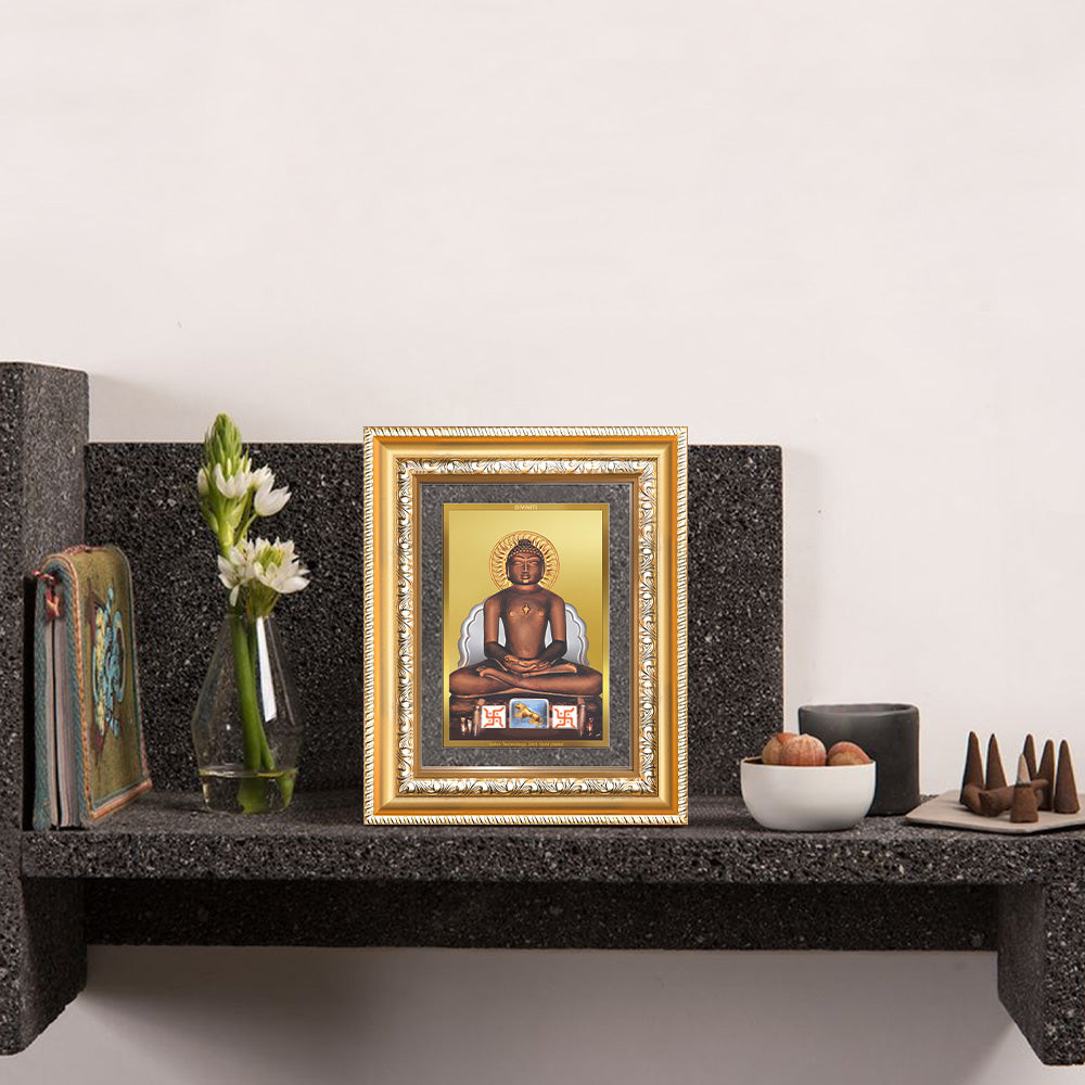 Lord Mahavira Photo Frame in 24K Gold Plated Foil displayed on wall