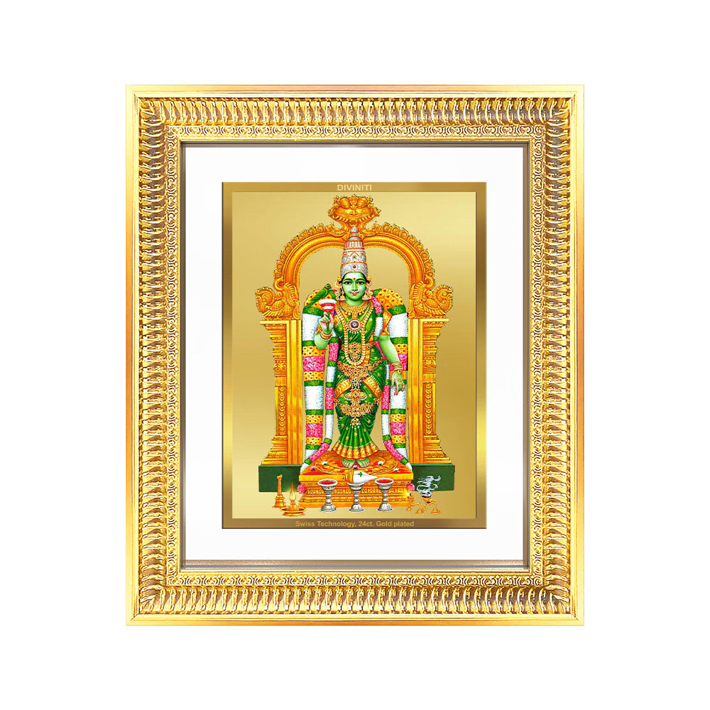 Goddess Meenakshi framed art in vibrant colors with gold accents, symbolizing divine strength and grace.