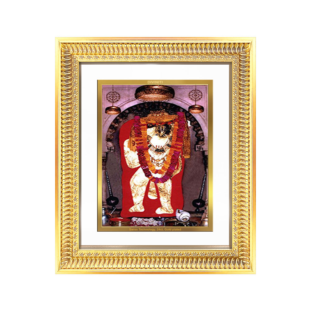 Mehandipur Balaji framed wall art featuring Lord Hanuman in 24K gold plating, symbolizing healing and protection.