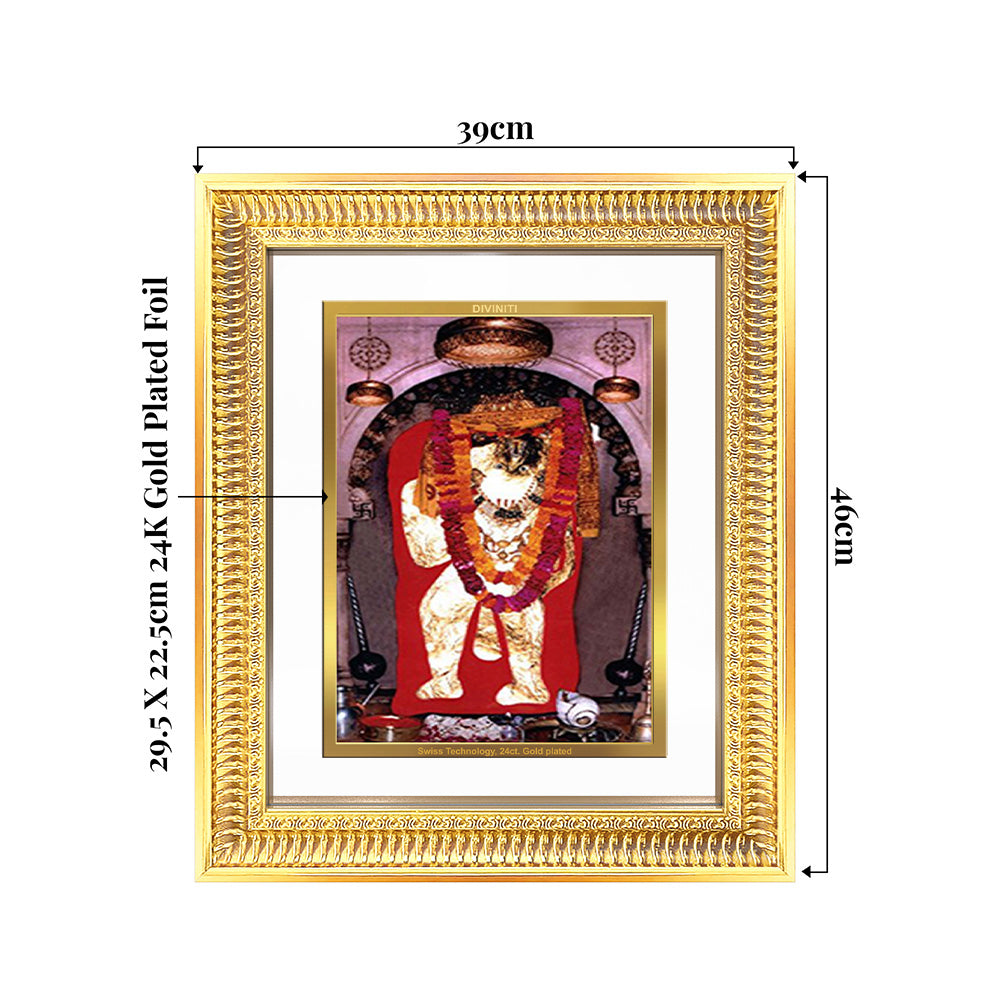 Mehandipur Balaji framed image in 24K gold plated foil, dimensions 39cm x 44cm.