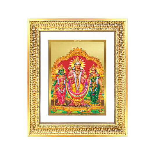 Lord Murugan with Valli in a divine union framed in gold, showcasing elegance and spirituality.