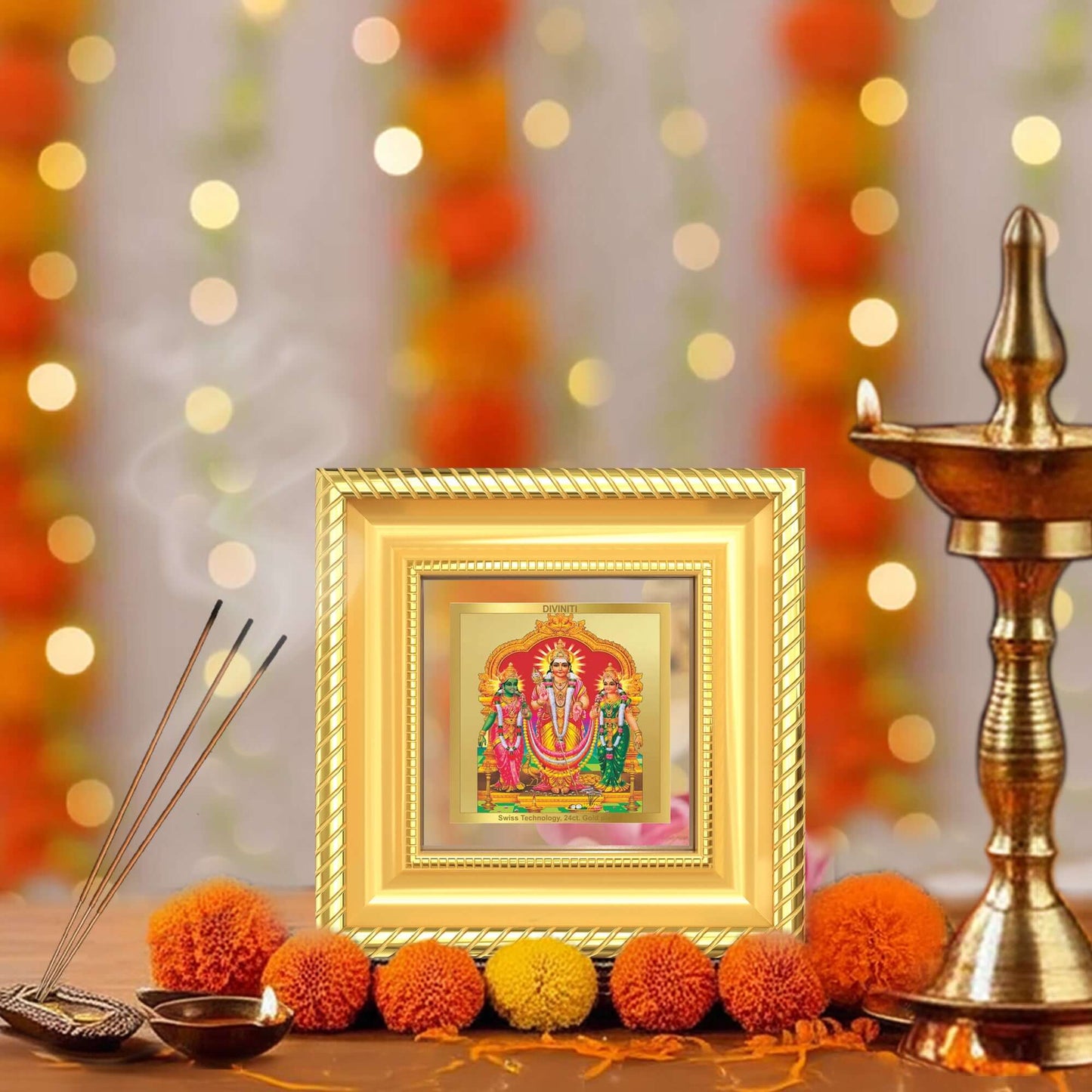 Lord Murugan with Valli | Divine Union Tabletop Frame in 24K Gold Plated Foil with decorative elements
