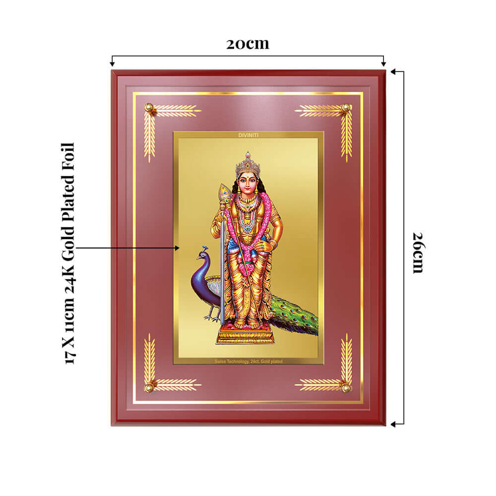Lord Murugan | Divine Warrior God Wall and Tabletop Mount Photo Frame in 24K Gold Plated Foil