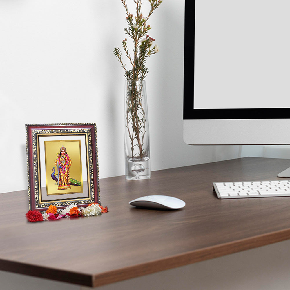 Lord Murugan Photo Frame in 24K Gold Plated Foil displayed on wooden table