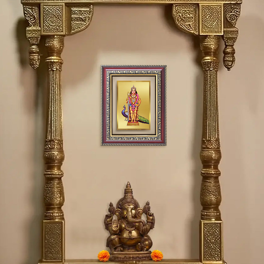 Lord Murugan Photo Frame in 24K Gold Plated Foil displayed on wall