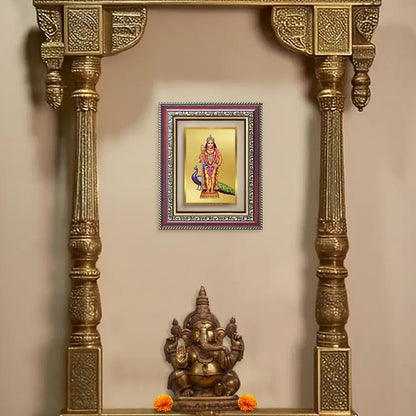 Lord Murugan Photo Frame in 24K Gold Plated Foil displayed on wall