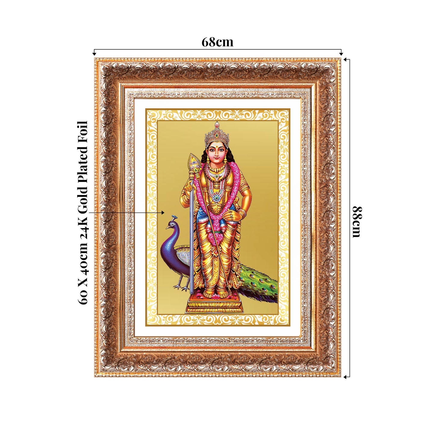 Lord Murugan | Divine Warrior God Wall Mount Photo Frame in 24K Gold Plated Foil