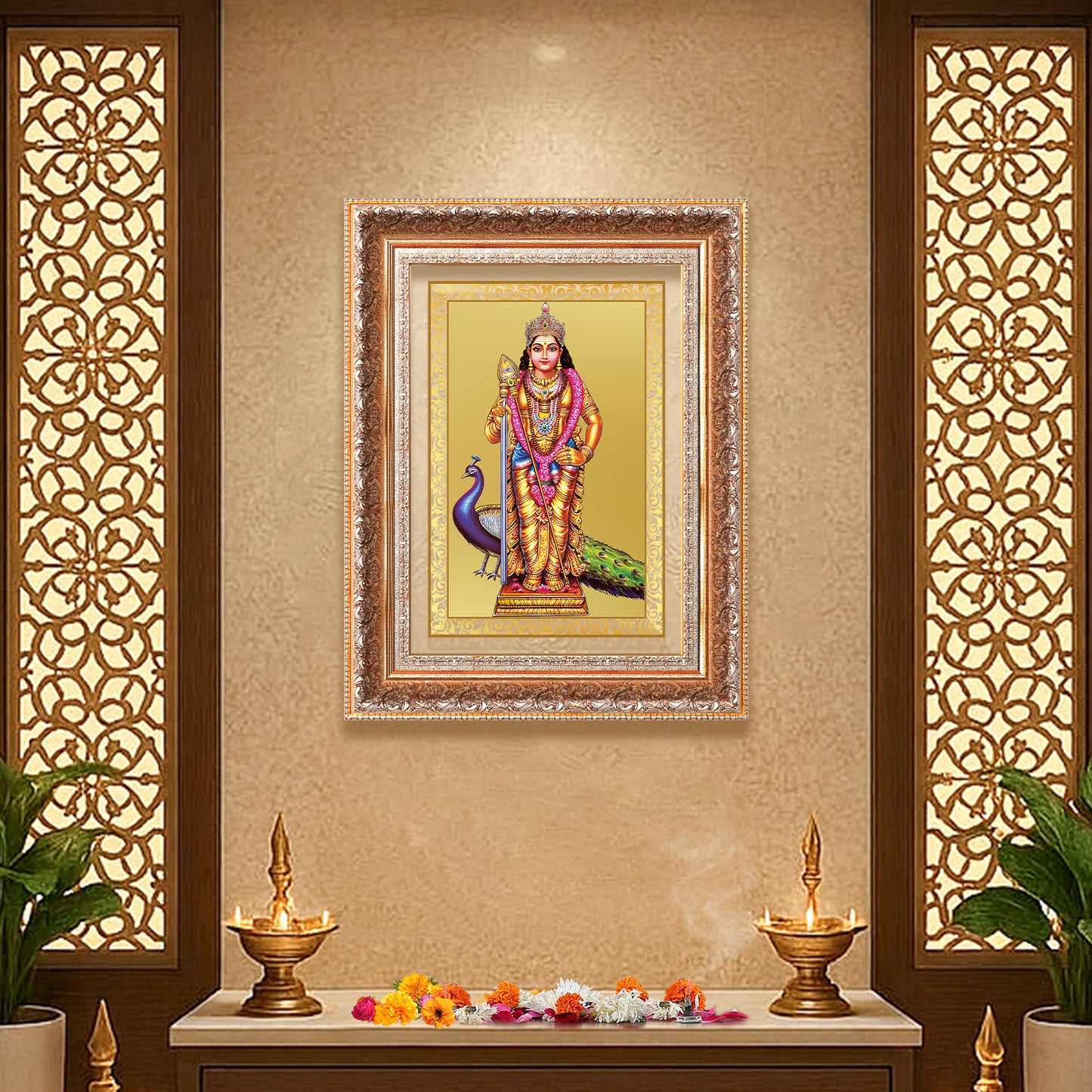 Lord Murugan | Divine Warrior God Wall Mount Photo Frame in 24K Gold Plated Foil