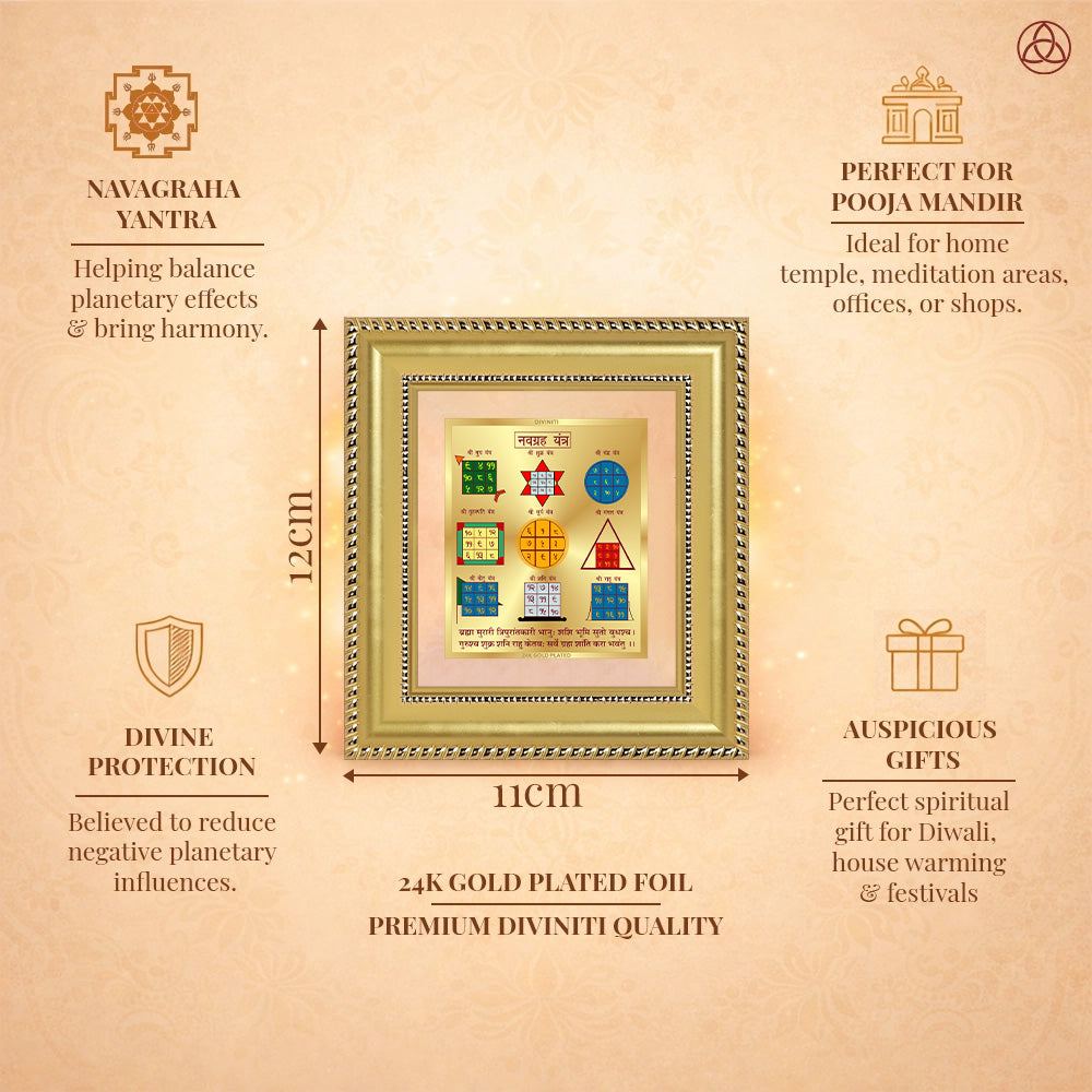 Navagraha Yantra framed in 24K gold plated foil, symbolizing balance of planetary energies and harmony.