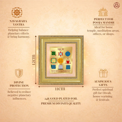 Navagraha Yantra framed in 24K gold plated foil, symbolizing balance of planetary energies and harmony.