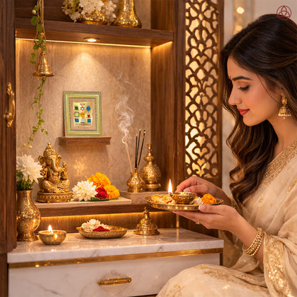 Woman performing a prayer ritual with Navagraha Yantra in a sacred home altar setting, featuring gold decor and traditional offerings.