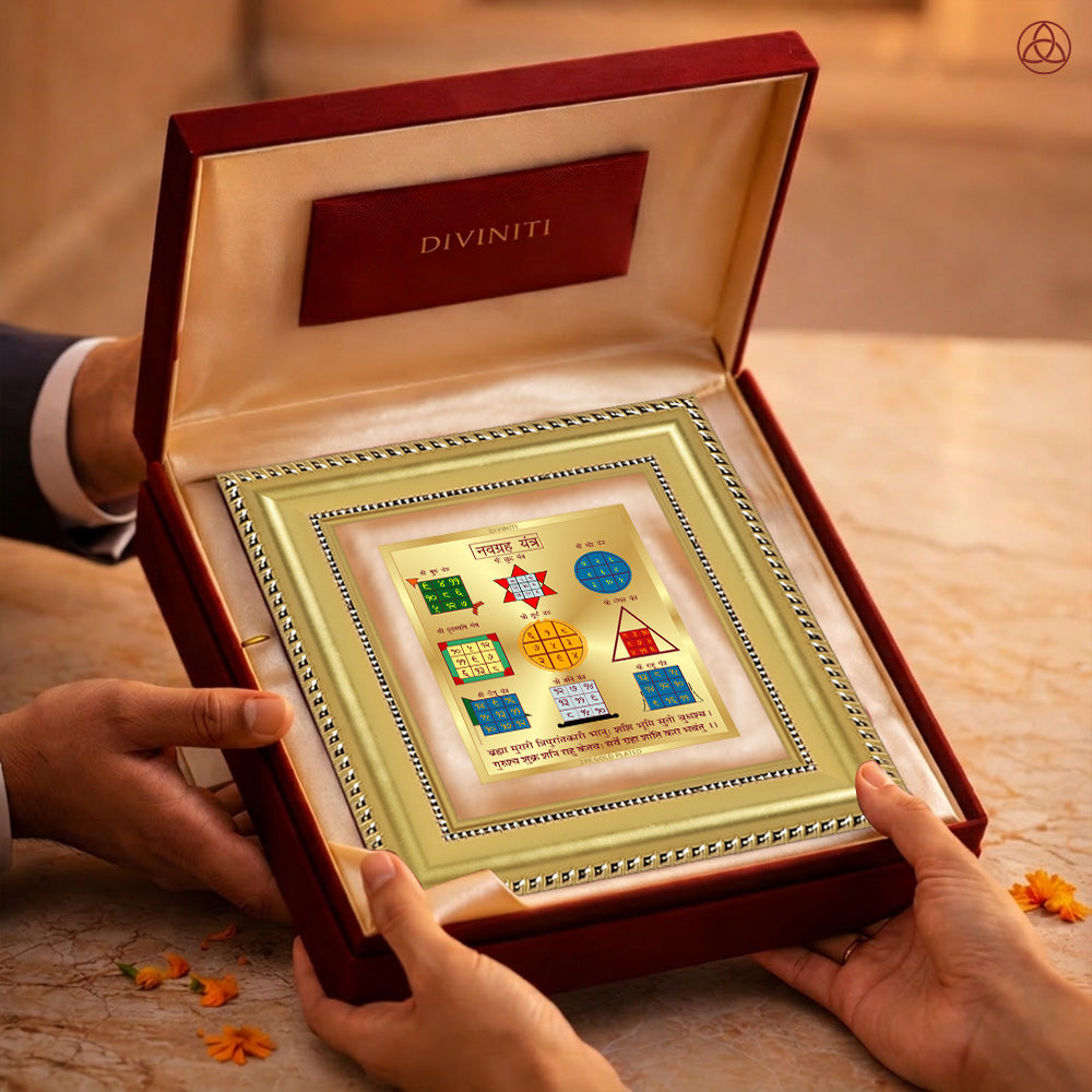 Navagraha Yantra presented in an elegant box, showcasing sacred planetary symbols, perfect for harmony and prosperity