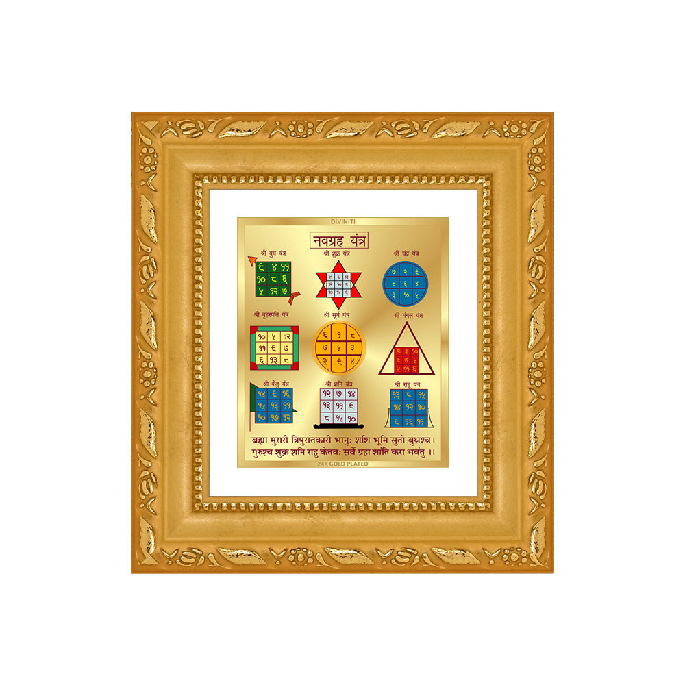 Navagraha  Yantra | Sacred planetary frame in 24K gold plated foil with vibrant colors and detailed symbols.
