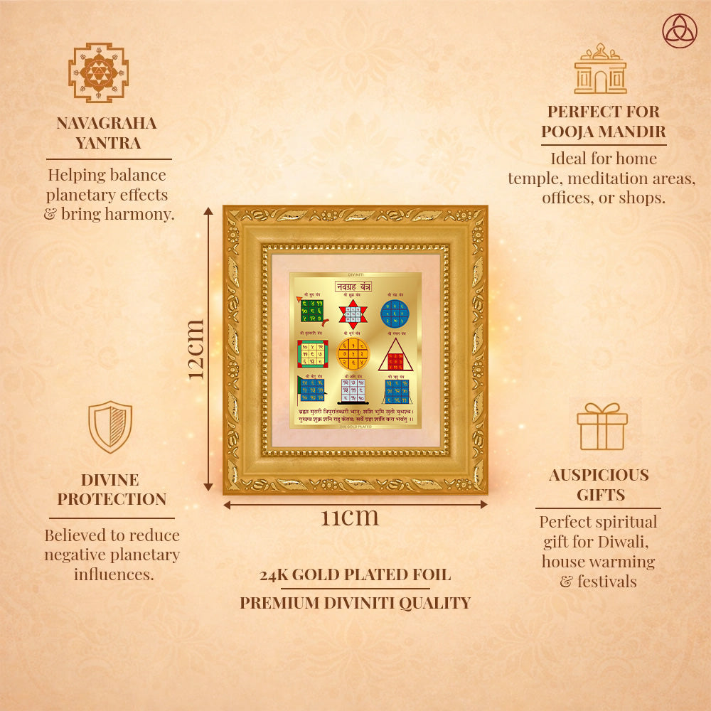 Navagraha Yantra framed in 24K gold plated foil, symbolizing balance of planetary energies and harmony.