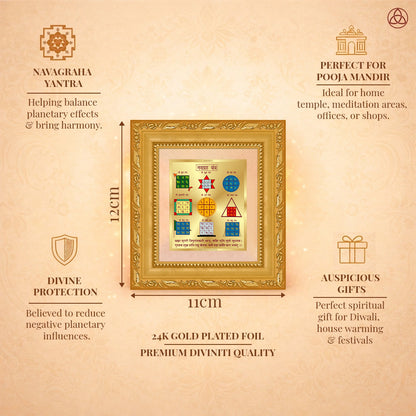 Navagraha Yantra framed in 24K gold plated foil, symbolizing balance of planetary energies and harmony.
