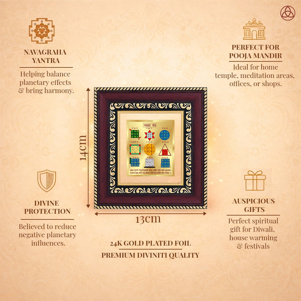 Navagraha Yantra framed in 24K gold plated foil, symbolizing balance of planetary energies and harmony.