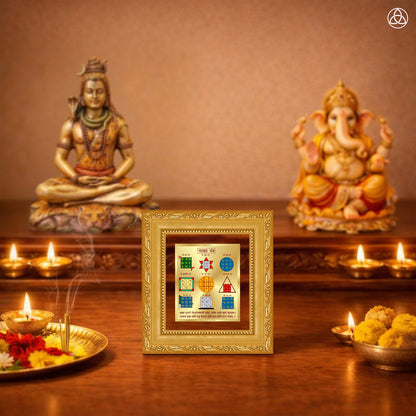 Navagraha Yantra displayed on a decorated altar with candles and idols of Hindu deities for spiritual harmony.