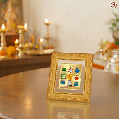 Navagraha Yantra displayed in a decorative frame on a wooden table, symbolizing planetary energies.
